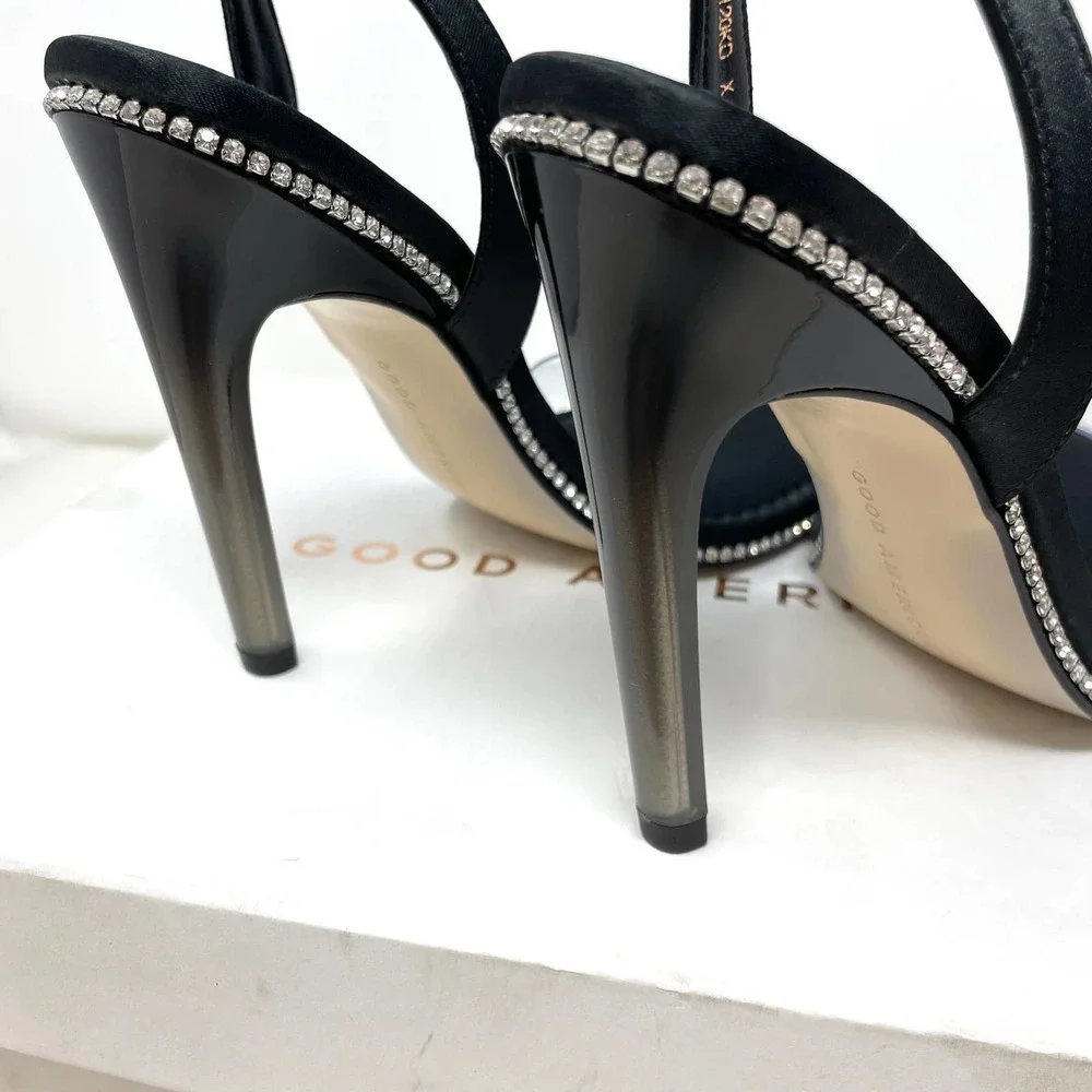 Good American Crystal Crush Lucite Rhinestone Sandals In Black Size 7.5 New